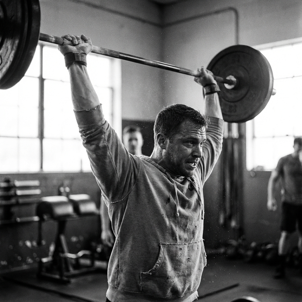 Ein Mann hebt eine schwere Langhantel über Kopf in einem Fitnessstudio, Schweiß auf seinem Gesicht zeigt Entschlossenheit. Im Hintergrund sind andere Menschen und Fitnessgeräte zu sehen. Das Bild ist schwarz-weiß.