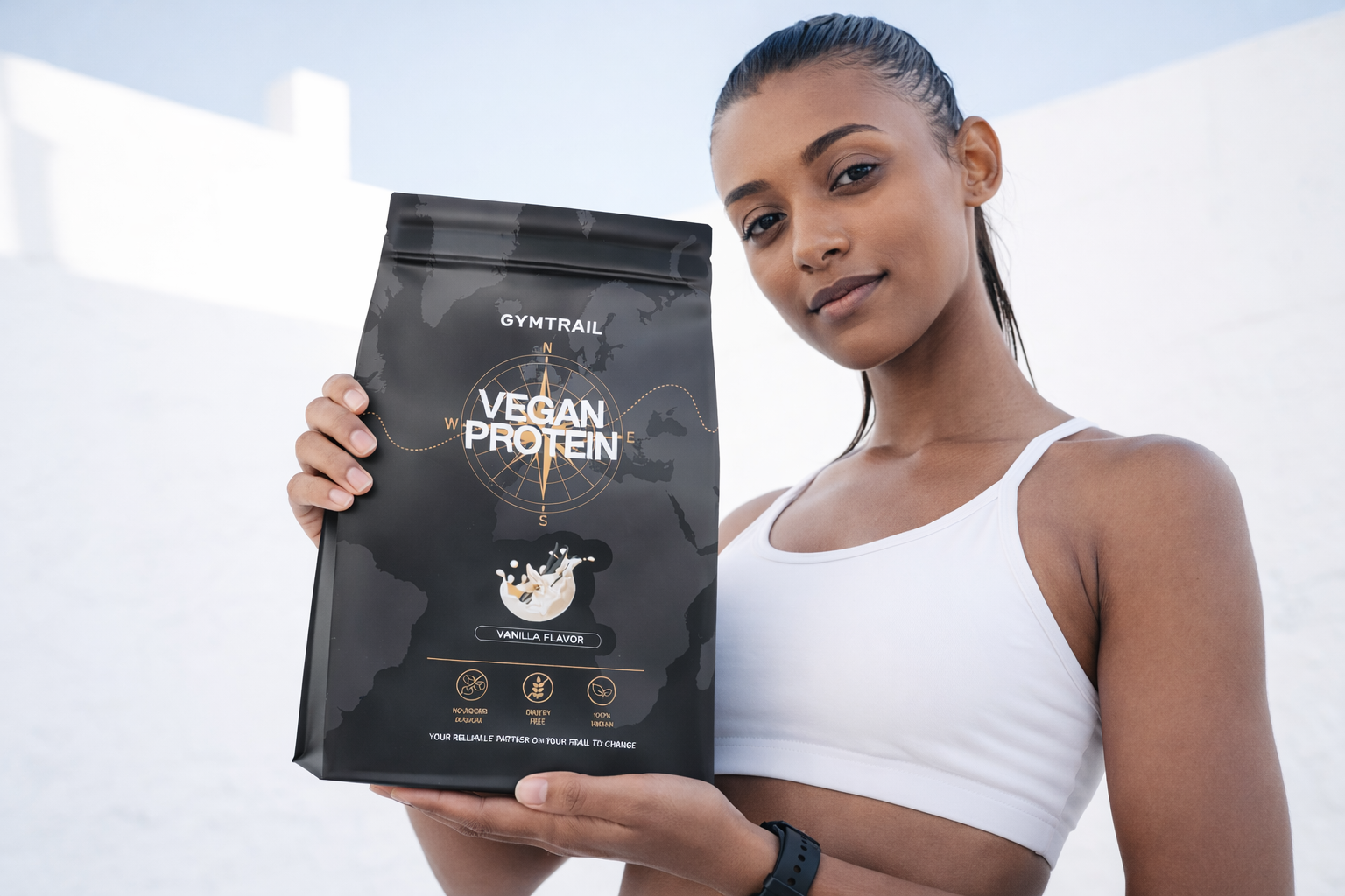 Eine Frau in einem weißen Sport-BH hält einen großen schwarzen Beutel Gymtrail Vegan Protein mit Vanillegeschmack in der Hand und steht im Freien vor einer weißen Wand und blauem Himmel.