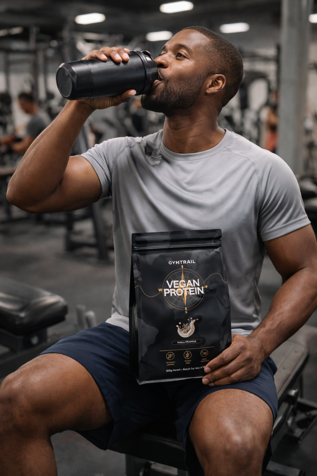 Ein Mann in Trainingskleidung sitzt auf einer Fitnessbank, trinkt aus einem Shaker und hält einen Beutel Gymtrail Vegan Proteinpulver in der Hand. Im Hintergrund sind Trainingsgeräte zu sehen.
