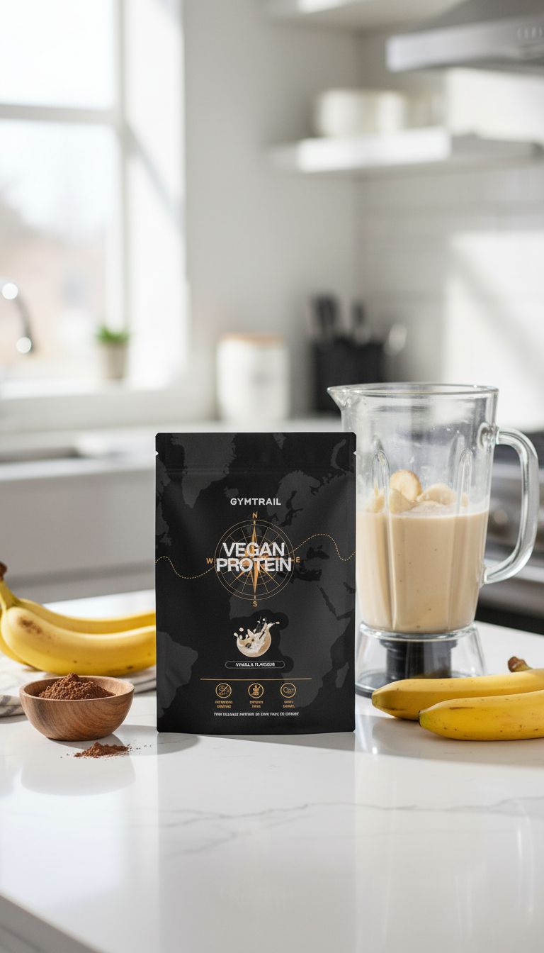 Eine Packung veganes Proteinpulver steht auf einem Küchentisch neben einem Mixer, der mit einem Smoothie, reifen Bananen und einer kleinen Schale mit Kakaopulver gefüllt ist. Sonnenlicht strömt durch ein Fenster herein und beleuchtet die Szene.