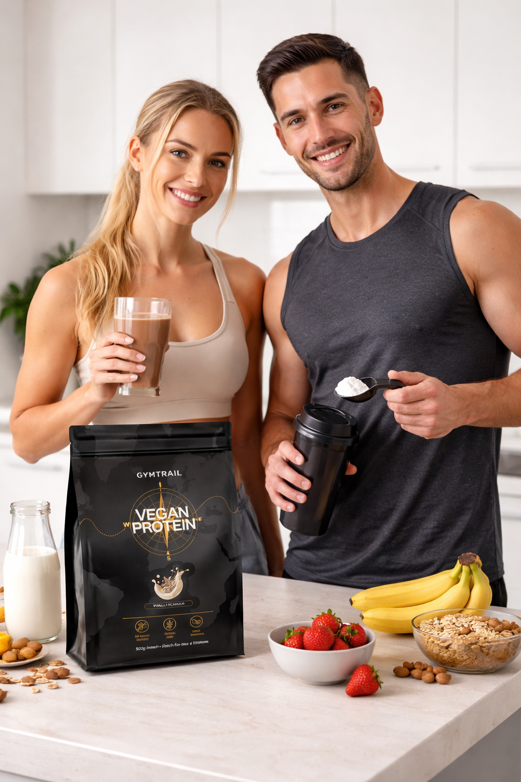Ein lächelnder Mann und eine Frau in Sportkleidung stehen in einer hellen Küche. Die Frau hält ein Glas mit einem Schokoladenshake in der Hand, und der Mann bereitet einen Shaker mit veganem Proteinpulver vor. Auf dem Tresen stehen Früchte, Nüsse und eine Tüte mit veganem Protein.