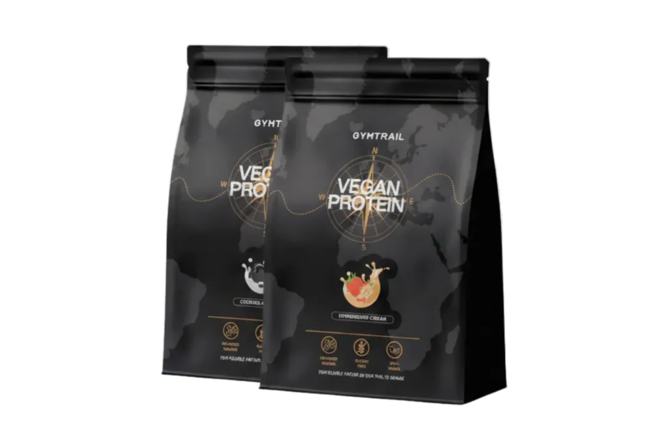 Zwei schwarze Beutel mit Gymtrail Vegan Protein sind nebeneinander abgebildet und zeigen verschiedene Geschmacksrichtungen - Kokosnuss und Erdbeersahne - vor einem dezenten Hintergrund mit einer Weltkarte.