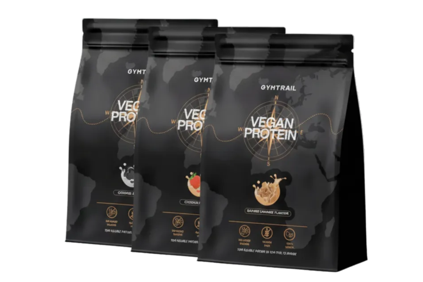 Drei schwarze Beutel mit veganem Proteinpulver von Gyhtrail werden präsentiert, jeder mit einer anderen Geschmacksrichtung: Schokolade, Erdbeere und Karamell. Die Verpackung weist minimalistische Designelemente und eine Kompassgrafik auf.