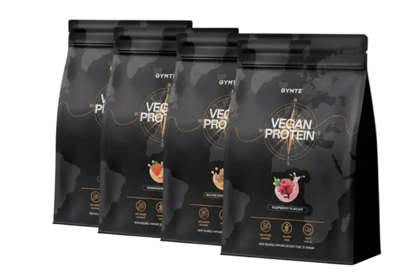 Vier schwarze Beutel mit veganem Proteinpulver sind in einer Reihe ausgestellt, die jeweils mit verschiedenen Geschmacksrichtungen und goldenen Akzenten versehen sind. Auf der Verpackung stehen der Markenname "GYMTE" und Abbildungen von Früchten, die den einzelnen Geschmacksrichtungen entsprechen.