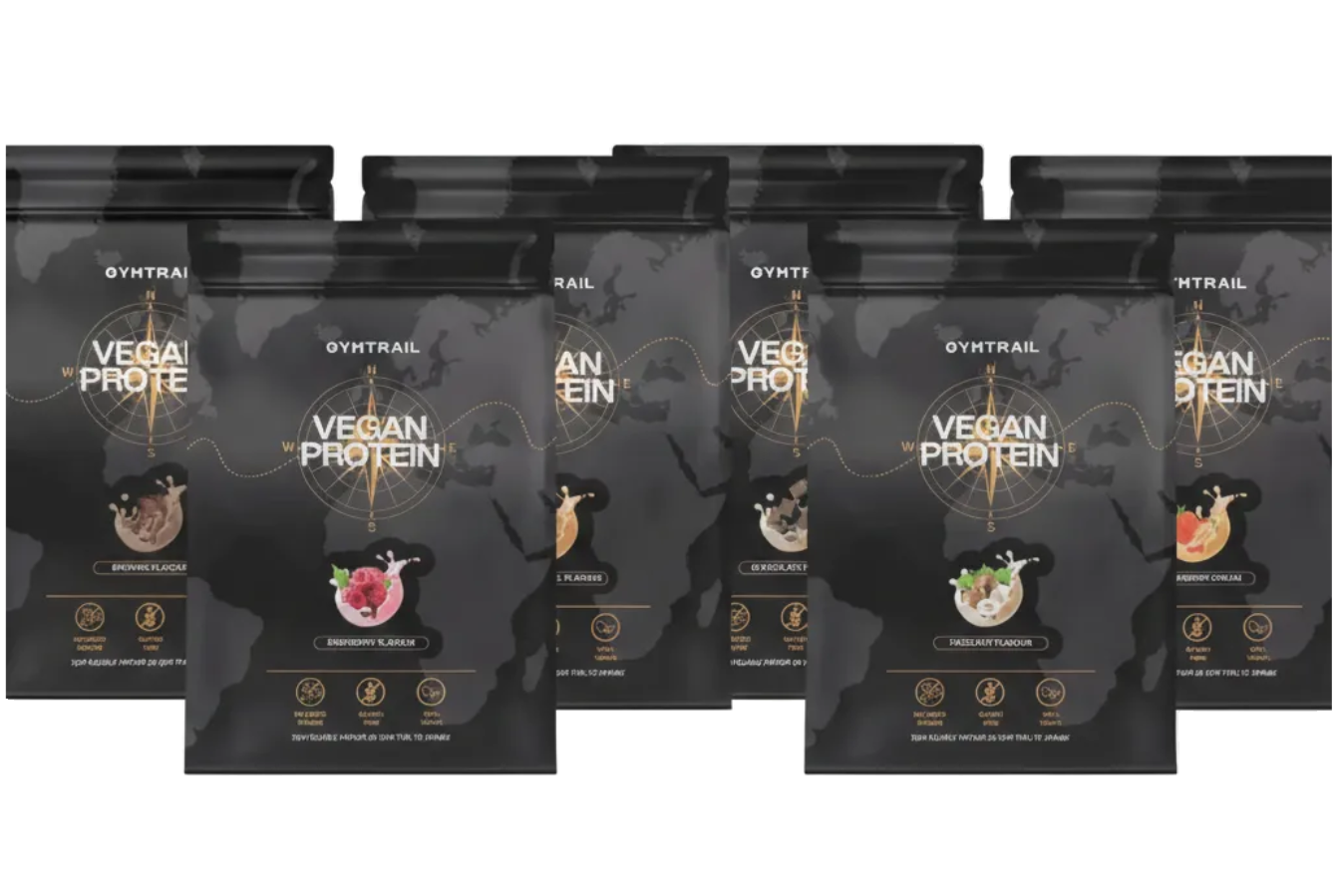 Sieben schwarze Beutel mit veganem Proteinpulver von OYHTRAIL in verschiedenen Geschmacksrichtungen sind in zwei Reihen vor einem hellen Hintergrund angeordnet. Jeder Beutel zeigt Symbole und Geschmacksbilder wie Schokolade und Früchte.