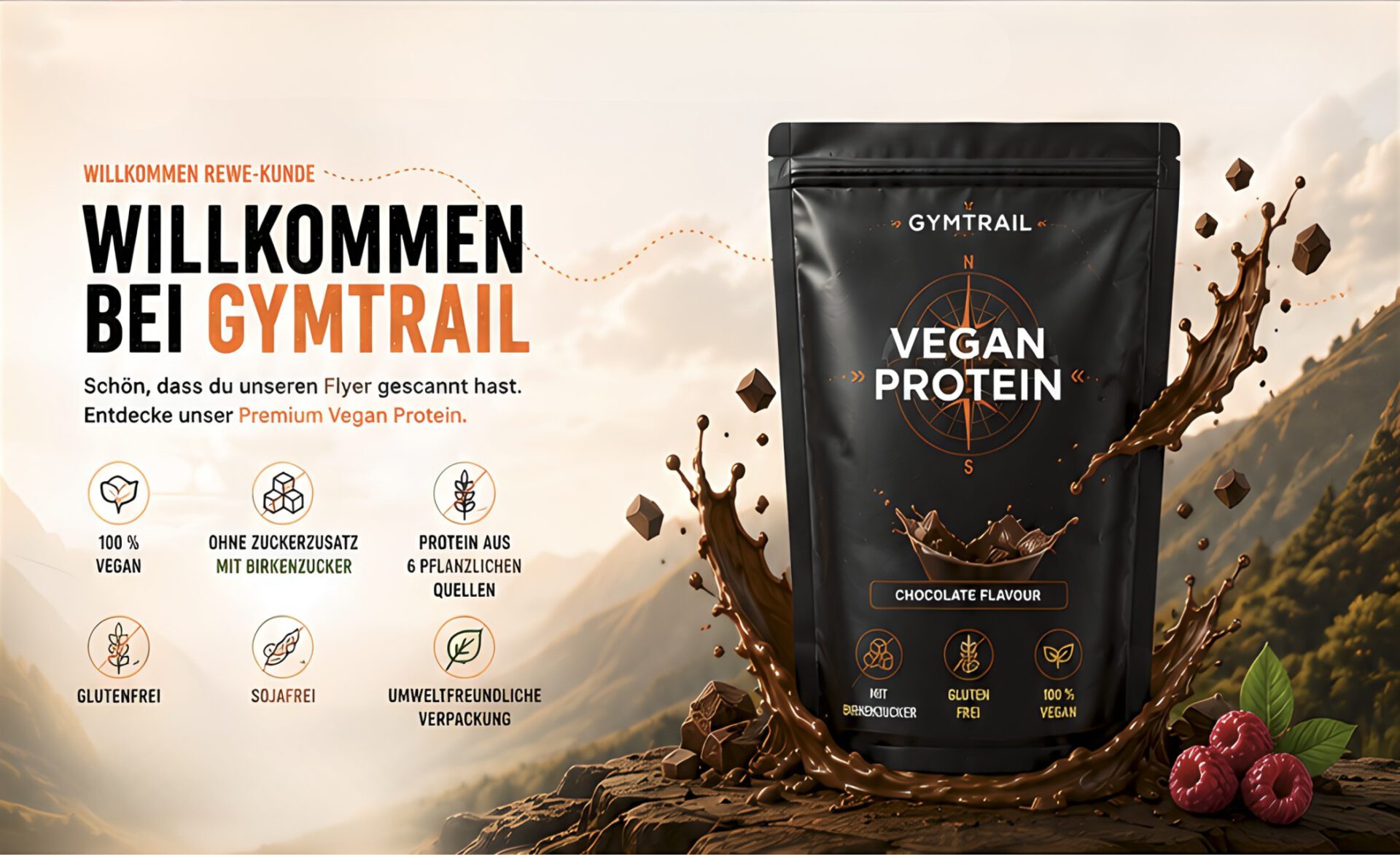 Eine Packung GYMTRAIL Vegan Protein-Pulver (Geschmacksrichtung Schokolade) ist vor einer Bergkulisse abgebildet, wobei Symbole und Text die Eigenschaften hervorheben: 100 % vegan, glutenfrei, sojafrei, zuckerfrei und umweltfreundlich.