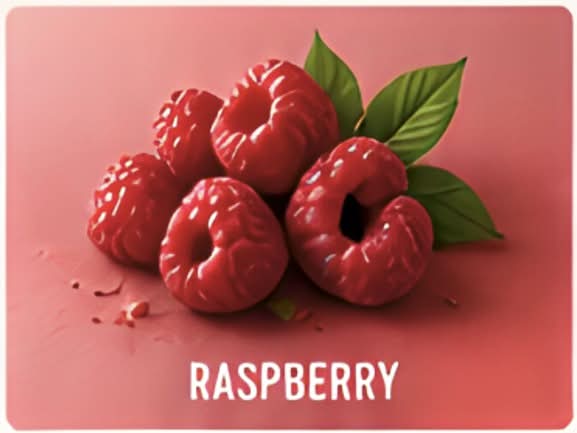 Fünf reife Himbeeren mit grünen Blättern auf rosa Hintergrund, angeordnet über dem Wort „RASPBERRY“ in weißer Schrift.