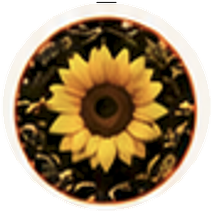Ein kreisförmiges Bild zeigt eine leuchtend gelbe Sonnenblume mit dunklem Zentrum vor einem dunklen, aufwendig gemusterten Hintergrund.