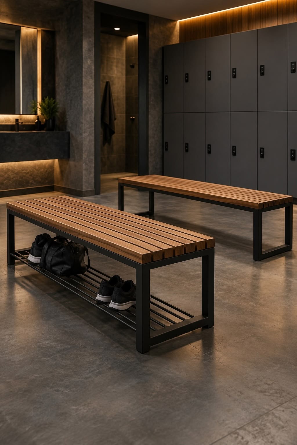 Rauminspiration aus dem GYMTRAIL-Prospekt: Umkleide mit Holzbänken und Schränken