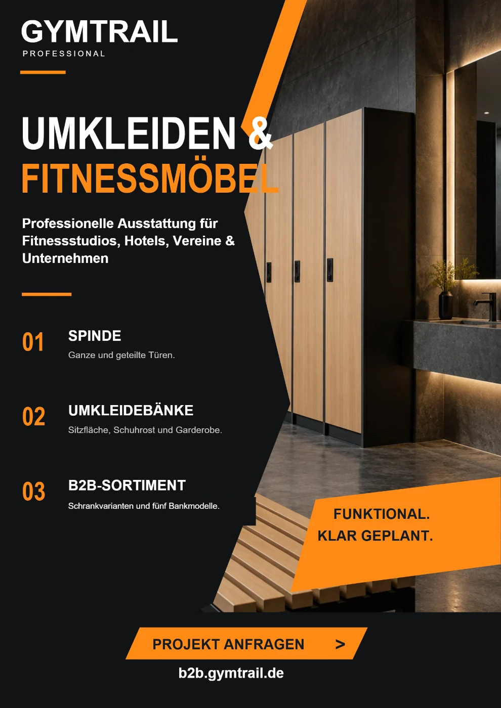 Titelblatt des GYMTRAIL-Prospekts Umkleiden und Fitnessmöbel